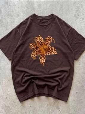 Leopard Print Lily Flower Y2K Dark Brown T Shirt